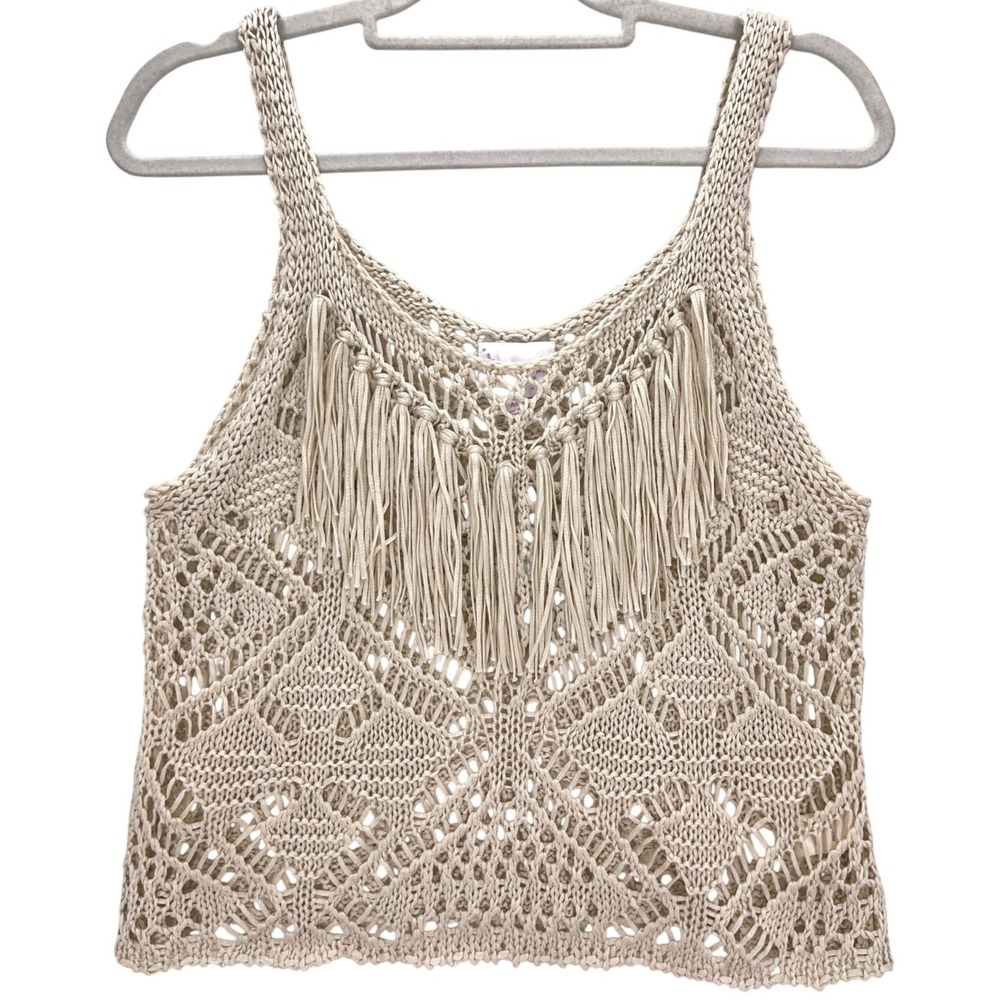 Honey & Sparkle Natur Crochet Fringe Tank Top Medium Macrame Knit